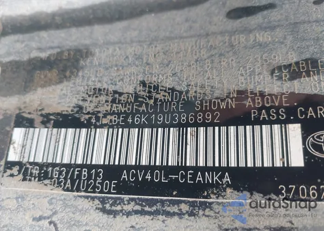 2009 Toyota Camry Le from USA, damaged, VIN 4T1BE46K19U386892